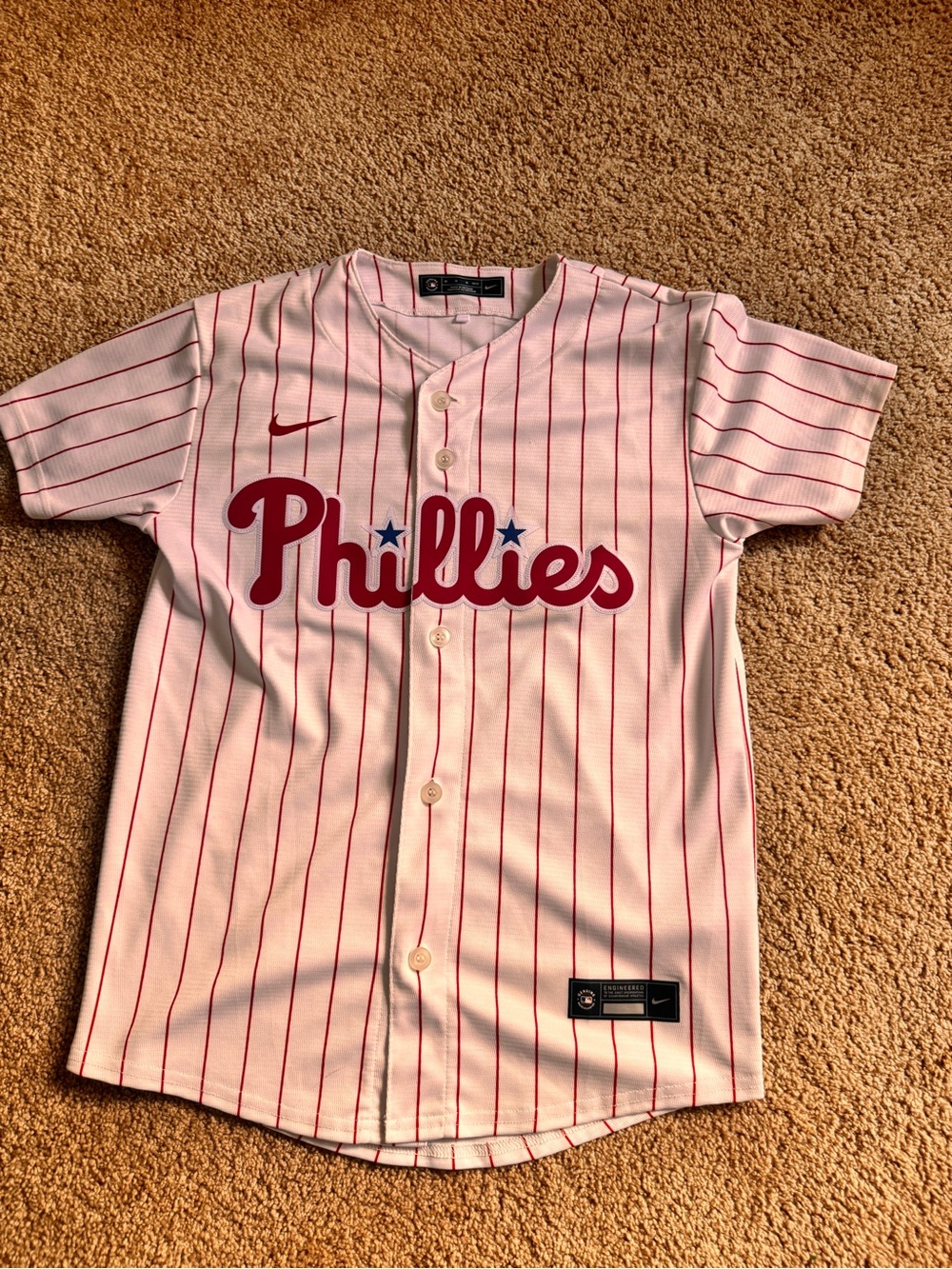 Nike Kids Phillies Pink Pinstripe Button-Up Jersey with Red Script